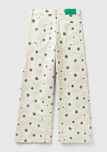 Kadın Krem %100 Pamuk Tamamı Desenli Yüksek Bel Geniş Paça Pantolon