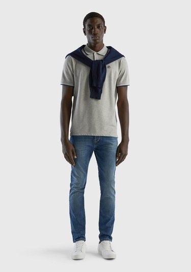  Erkek Gri Melanj Kol ve Yaka Ucu Çizgili Polo