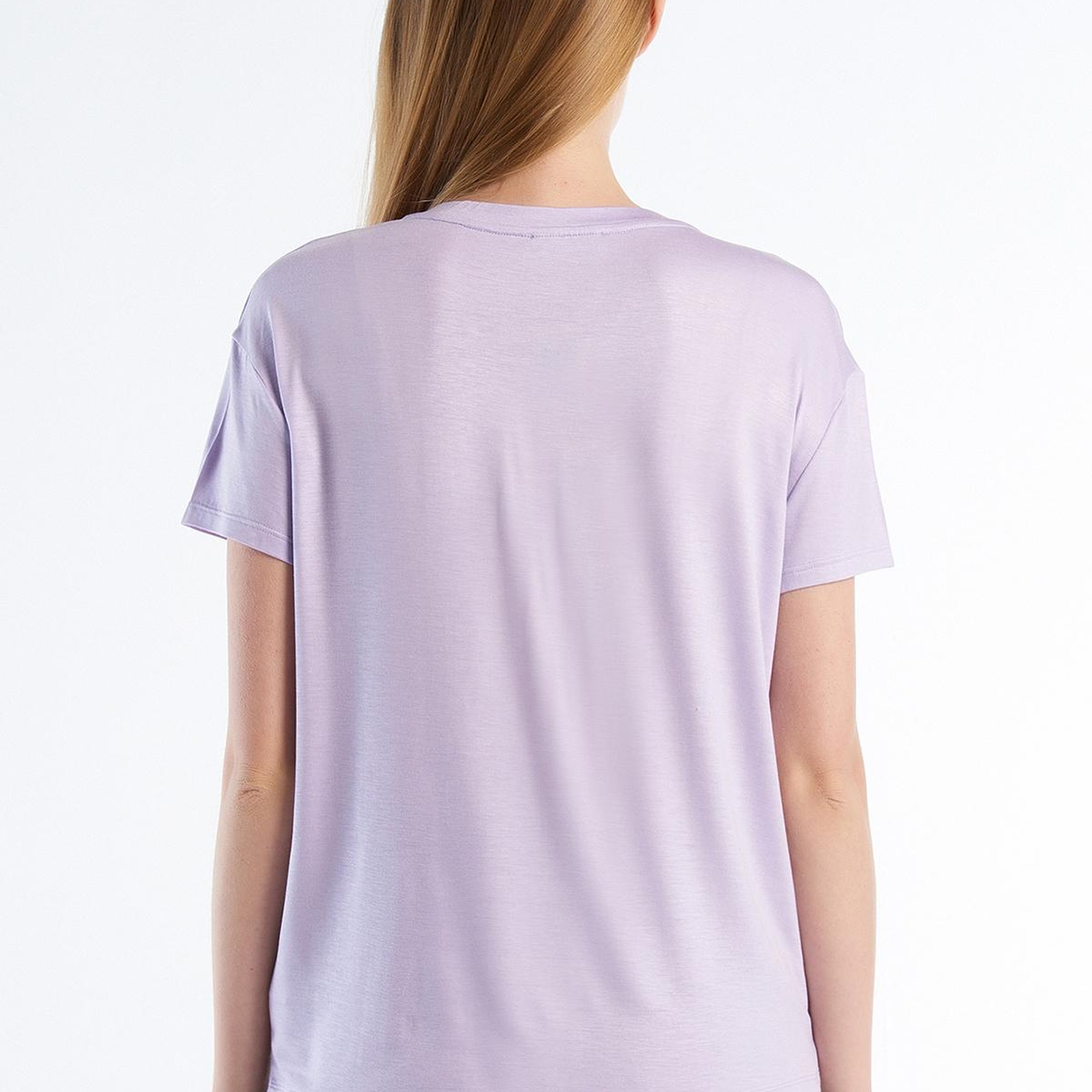 Kadın Lila Viskoz Karışımlı Geniş V Yaka Basic T-Shirt
