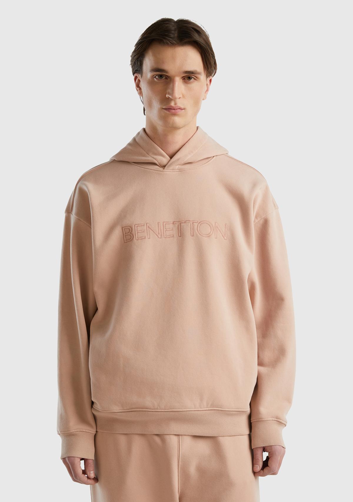  Erkek Pudra Pamuk Karışımlı Önü Logo Baskılı Kapüşonlu Sweatshirt