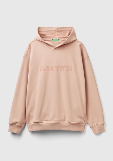  Erkek Pudra Pamuk Karışımlı Önü Logo Baskılı Kapüşonlu Sweatshirt