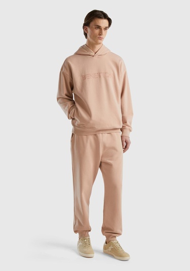  Erkek Pudra Pamuk Karışımlı Önü Logo Baskılı Kapüşonlu Sweatshirt