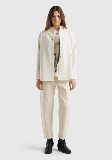  Kadın Krem Esnek Koton Carrot Fit Çiçek İşlemeli Denim Pantolon