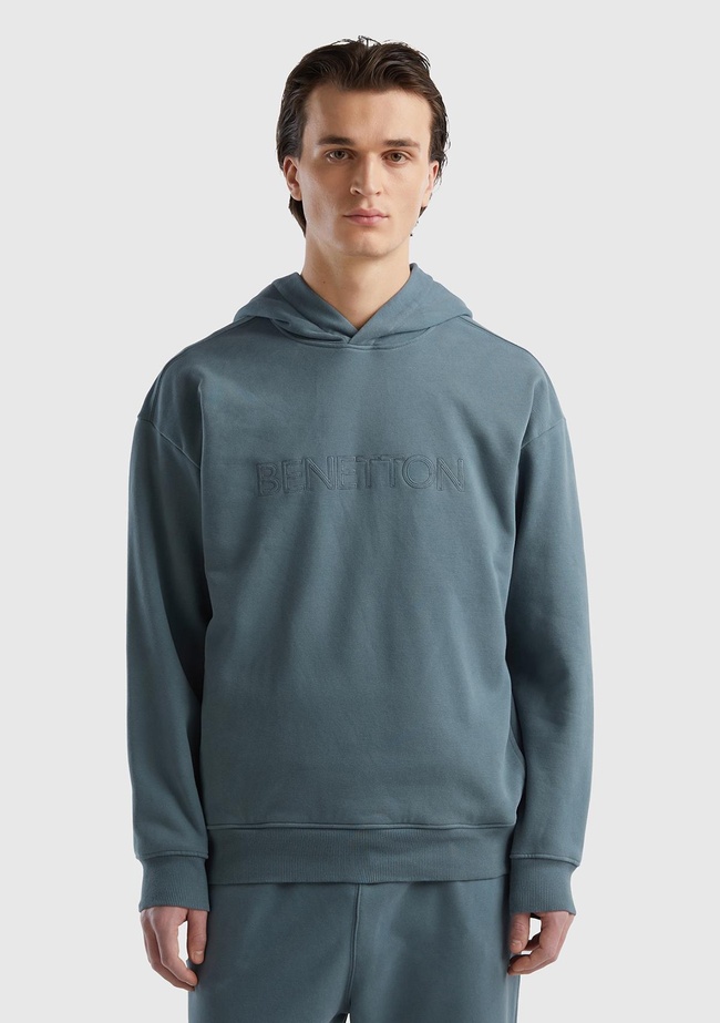  Erkek Füme Pamuk Karışımlı Önü Logo Baskılı Kapüşonlu Sweatshirt