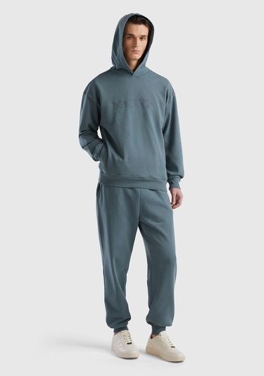  Erkek Füme Pamuk Karışımlı Önü Logo Baskılı Kapüşonlu Sweatshirt