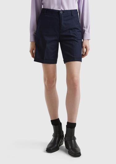  Kadın Koyu Lacivert %100 Koton Chino Bermuda