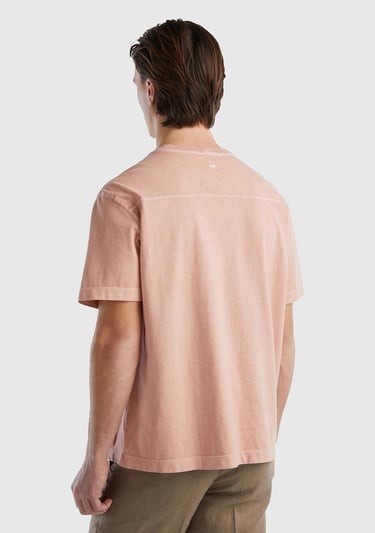  Erkek Pudra %100 Pamuk Önü ve Arkası Logo Detaylı Bisiklet Yaka T-Shirt