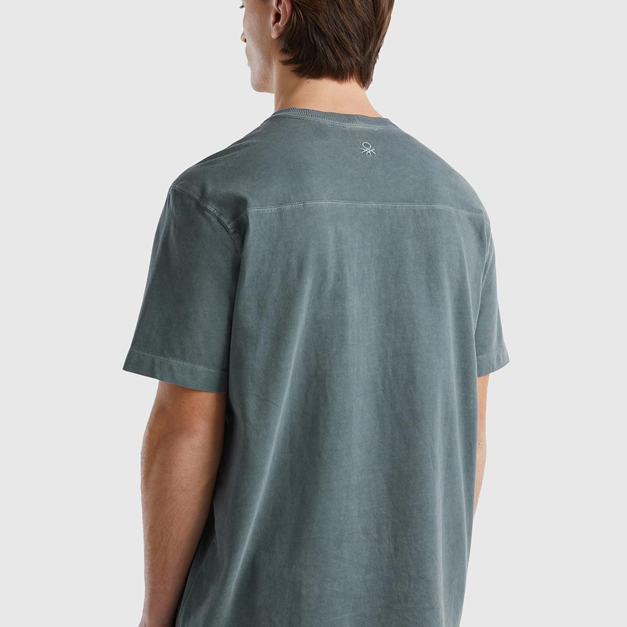 Erkek Füme %100 Pamuk Önü ve Arkası Logo Detaylı Bisiklet Yaka T-Shirt