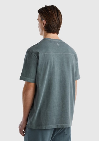  Erkek Füme %100 Pamuk Önü ve Arkası Logo Detaylı Bisiklet Yaka T-Shirt