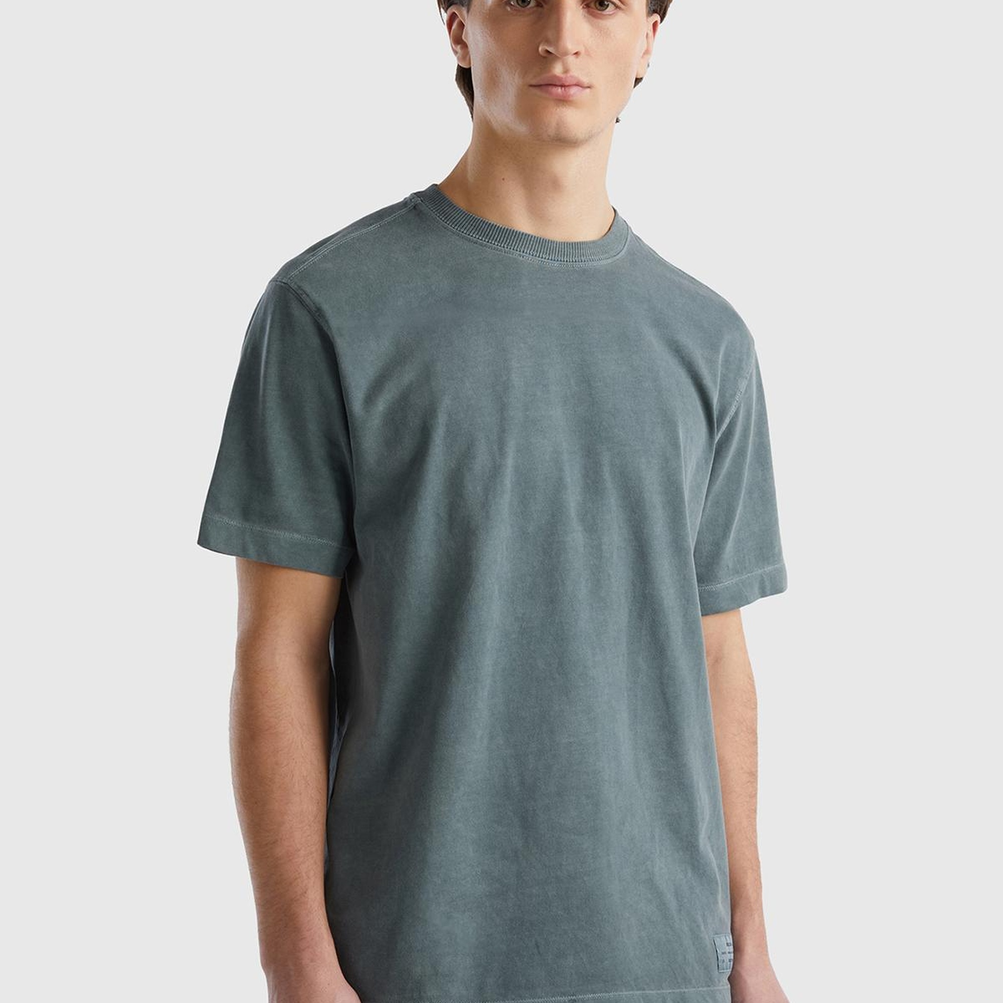 Erkek Füme %100 Pamuk Önü ve Arkası Logo Detaylı Bisiklet Yaka T-Shirt