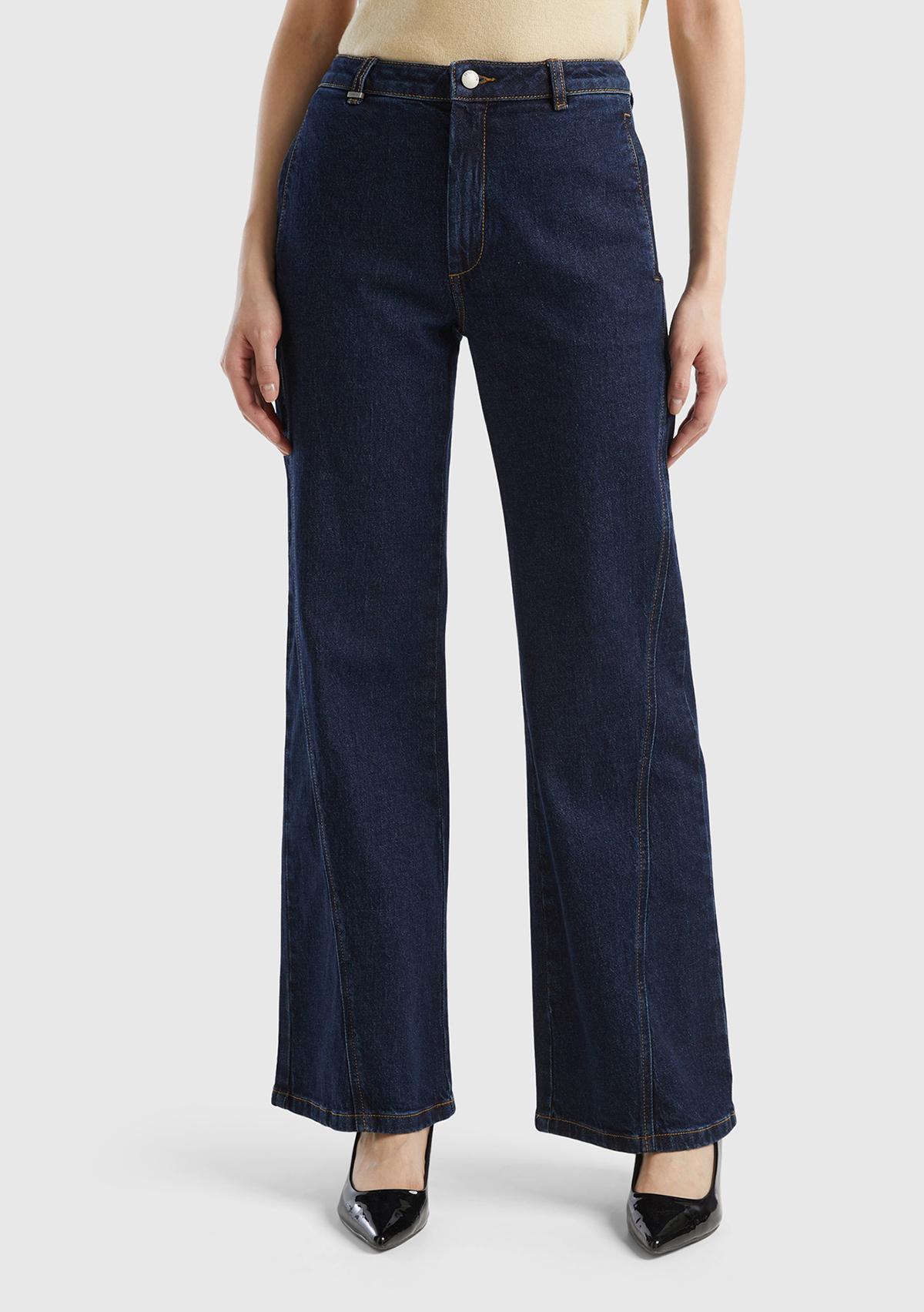  Kadın Lacivert Denim Pamuk Karışımlı Yüksek Bel Geniş Paça Denim Pantolon