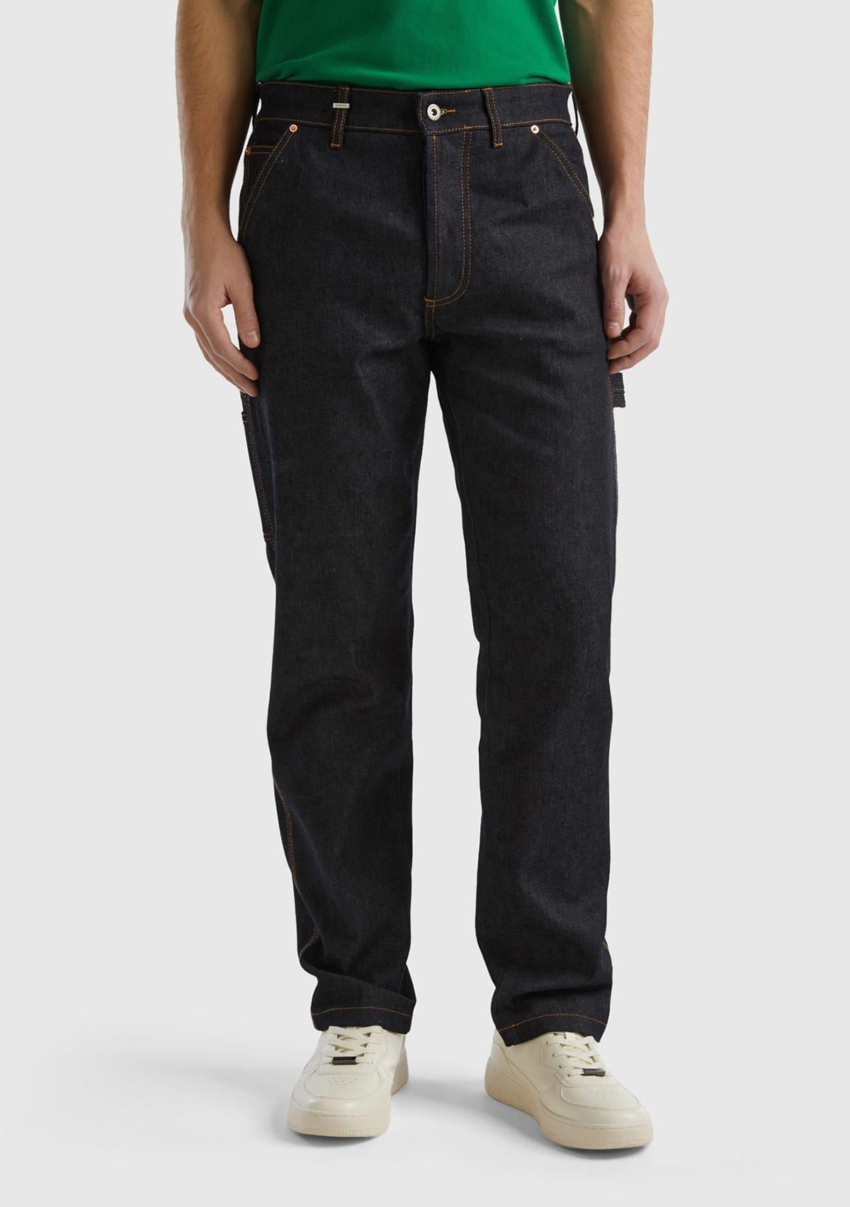  Erkek Lacivert Arkası Logo Detaylı 7 Cepli Denim Kargo Pantolon