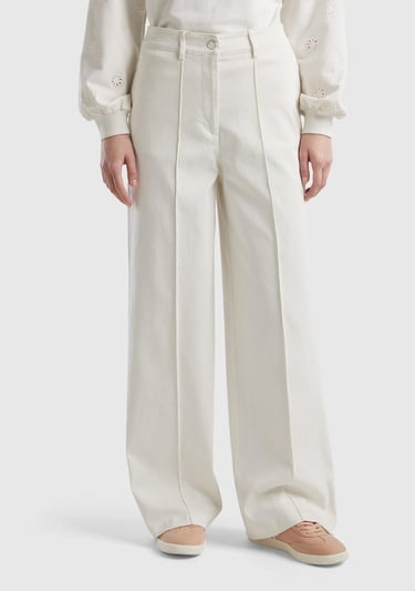  Kadın Krem Pamuk Karışımlı Ultra Yüksek Bel Geniş Paça Pantolon