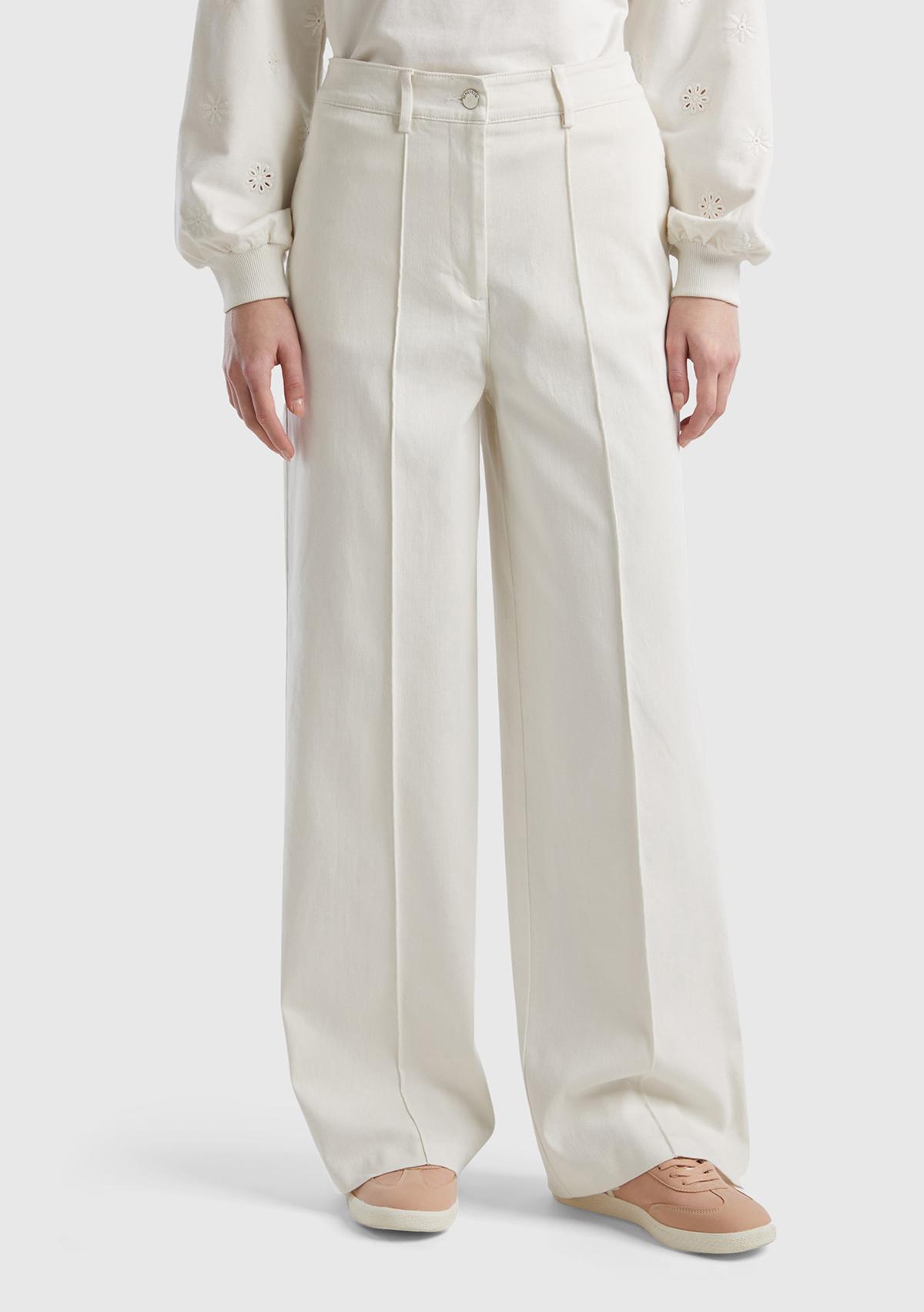  Kadın Krem Pamuk Karışımlı Ultra Yüksek Bel Geniş Paça Pantolon