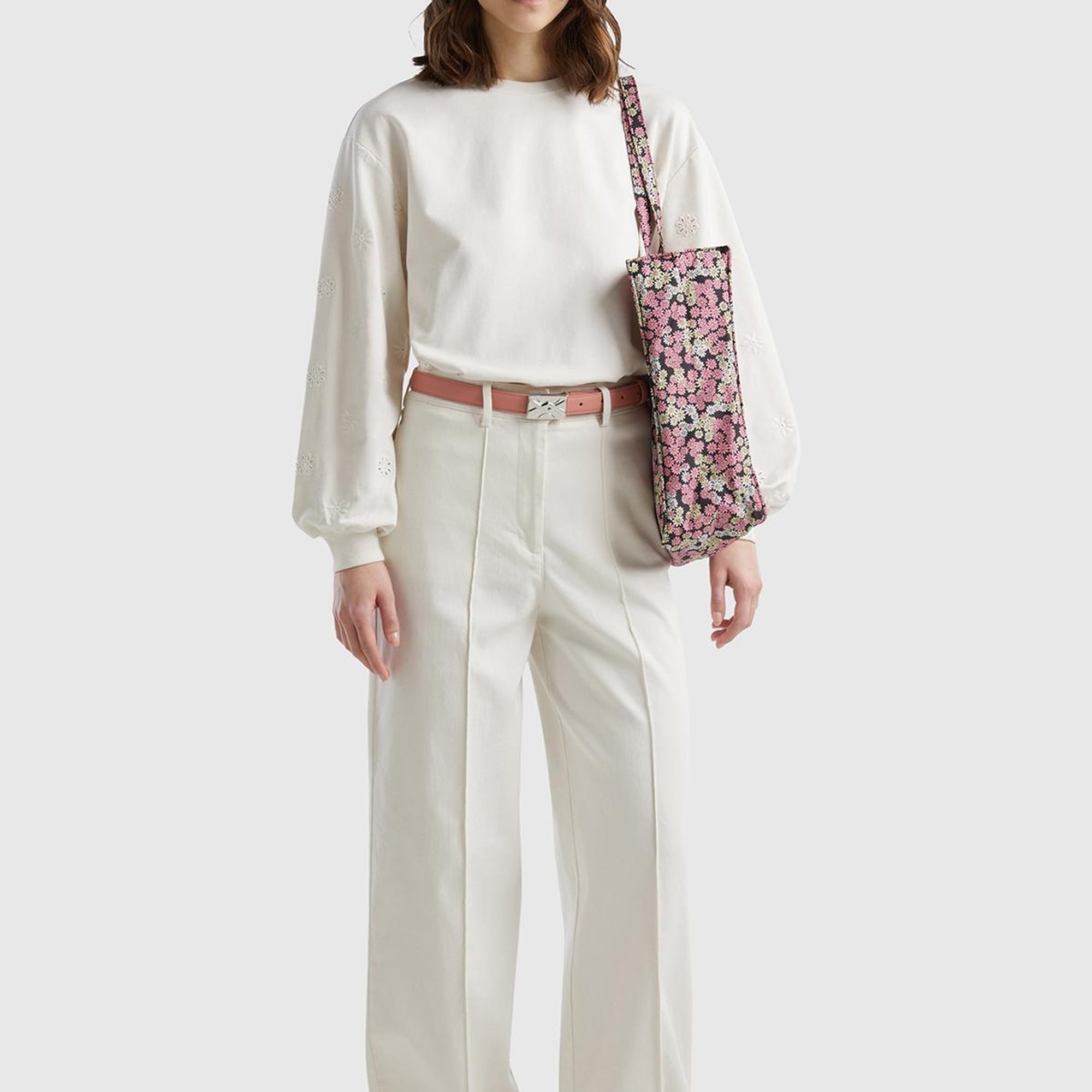 Kadın Krem Pamuk Karışımlı Ultra Yüksek Bel Geniş Paça Pantolon