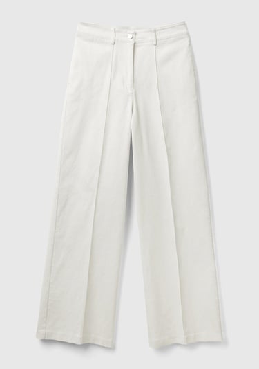  Kadın Krem Pamuk Karışımlı Ultra Yüksek Bel Geniş Paça Pantolon
