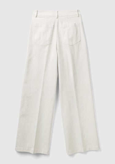  Kadın Krem Pamuk Karışımlı Ultra Yüksek Bel Geniş Paça Pantolon