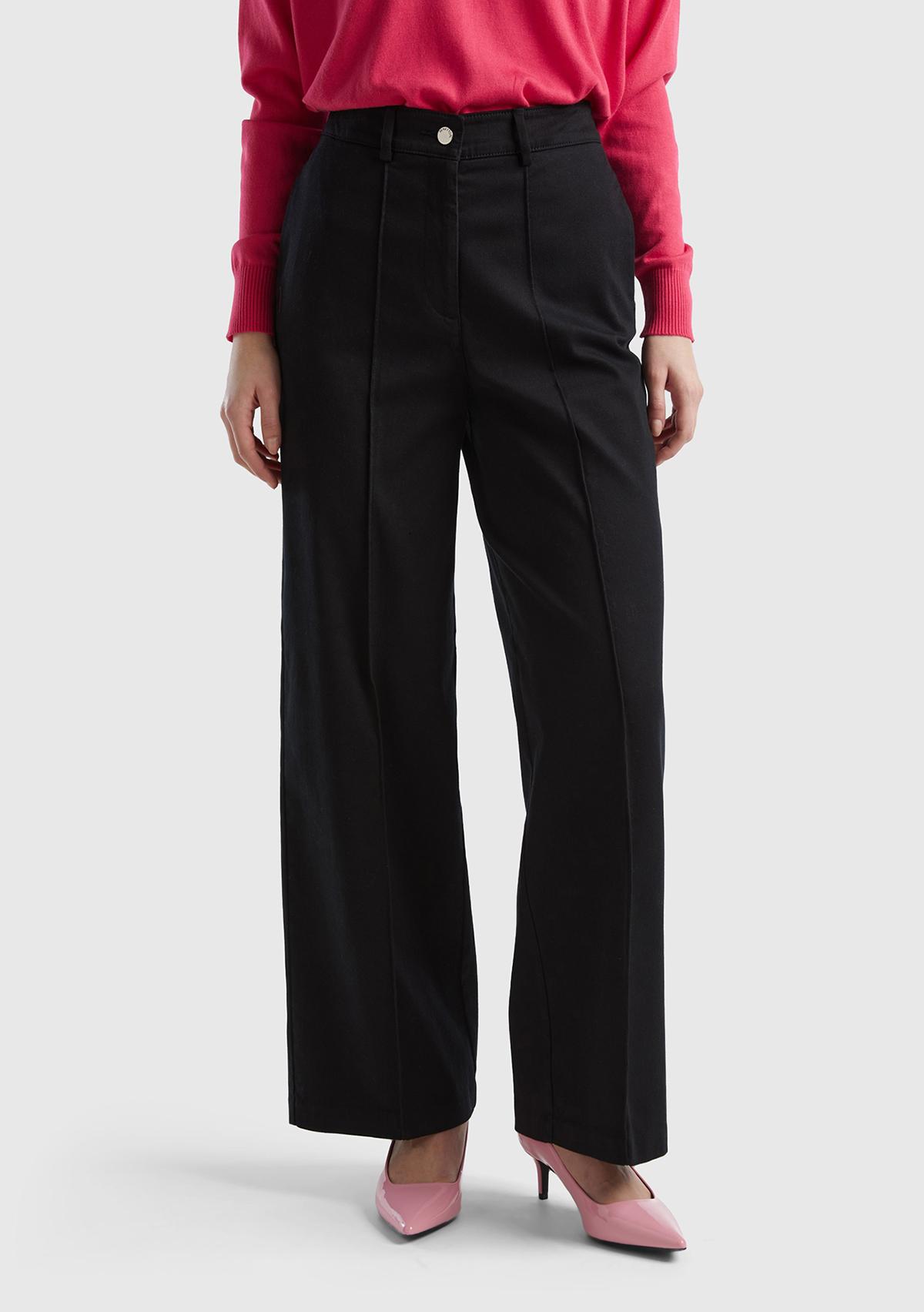  Kadın Siyah Pamuk Karışımlı Ultra Yüksek Bel Geniş Paça Pantolon