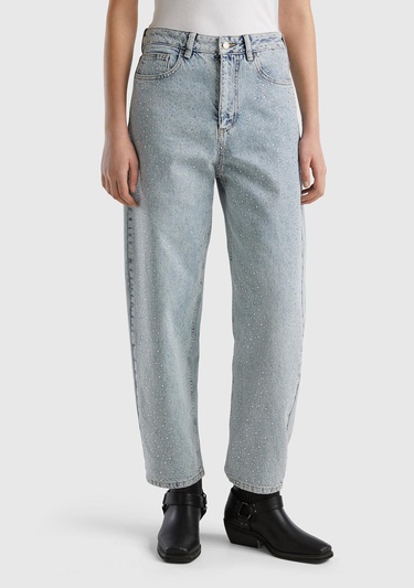  Kadın Açık Mavi %100 Pamuk Tamamı Baskılı Arkası Logo Etiketli Bol Pantolon