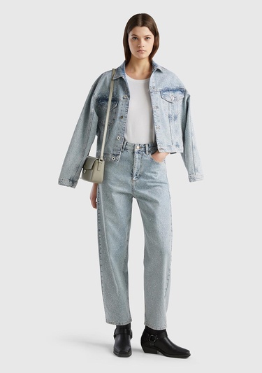  Kadın Açık Mavi %100 Pamuk Tamamı Baskılı Arkası Logo Etiketli Bol Pantolon