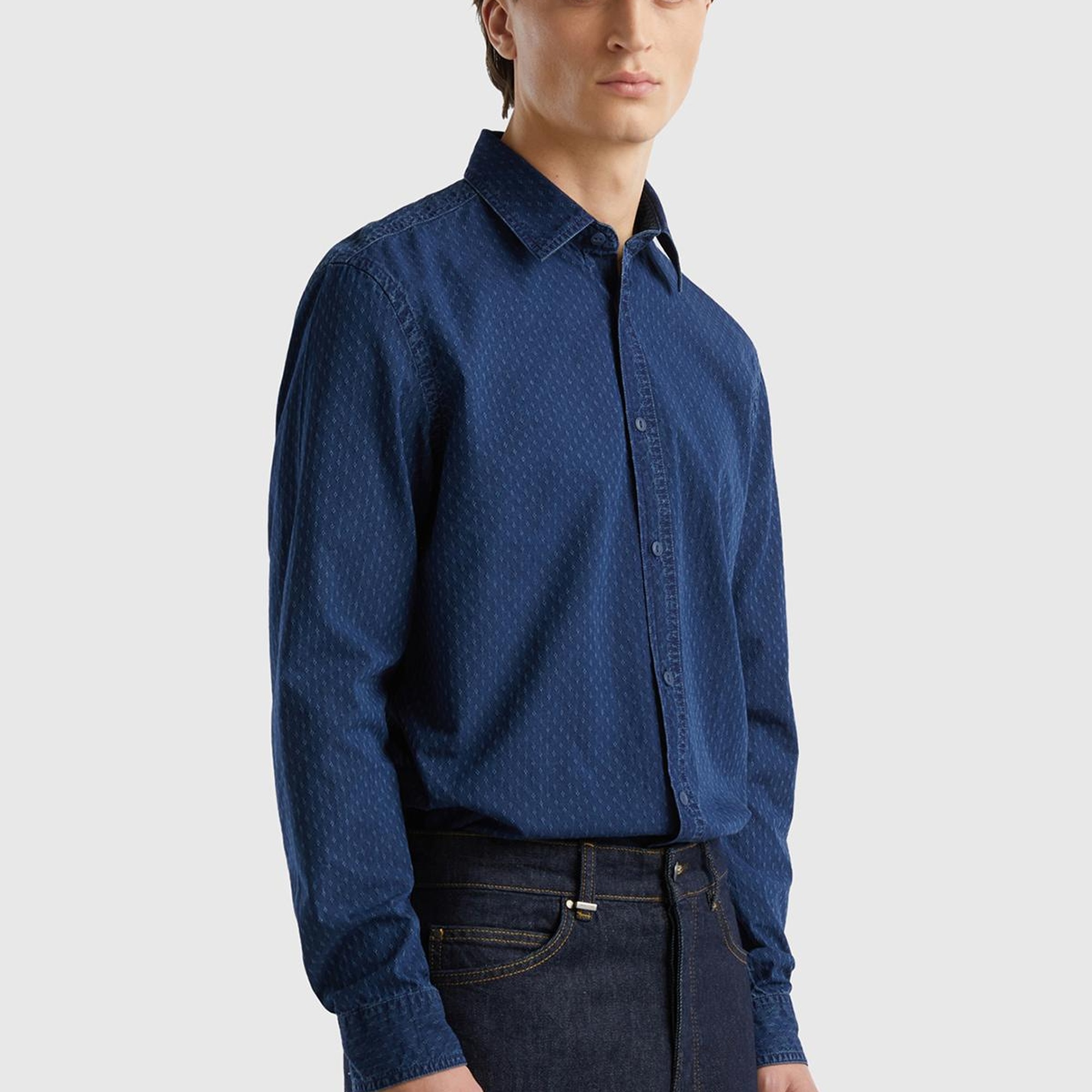 Erkek İndigo %100 Koton Regular Fit İndigo Denim Gömlek