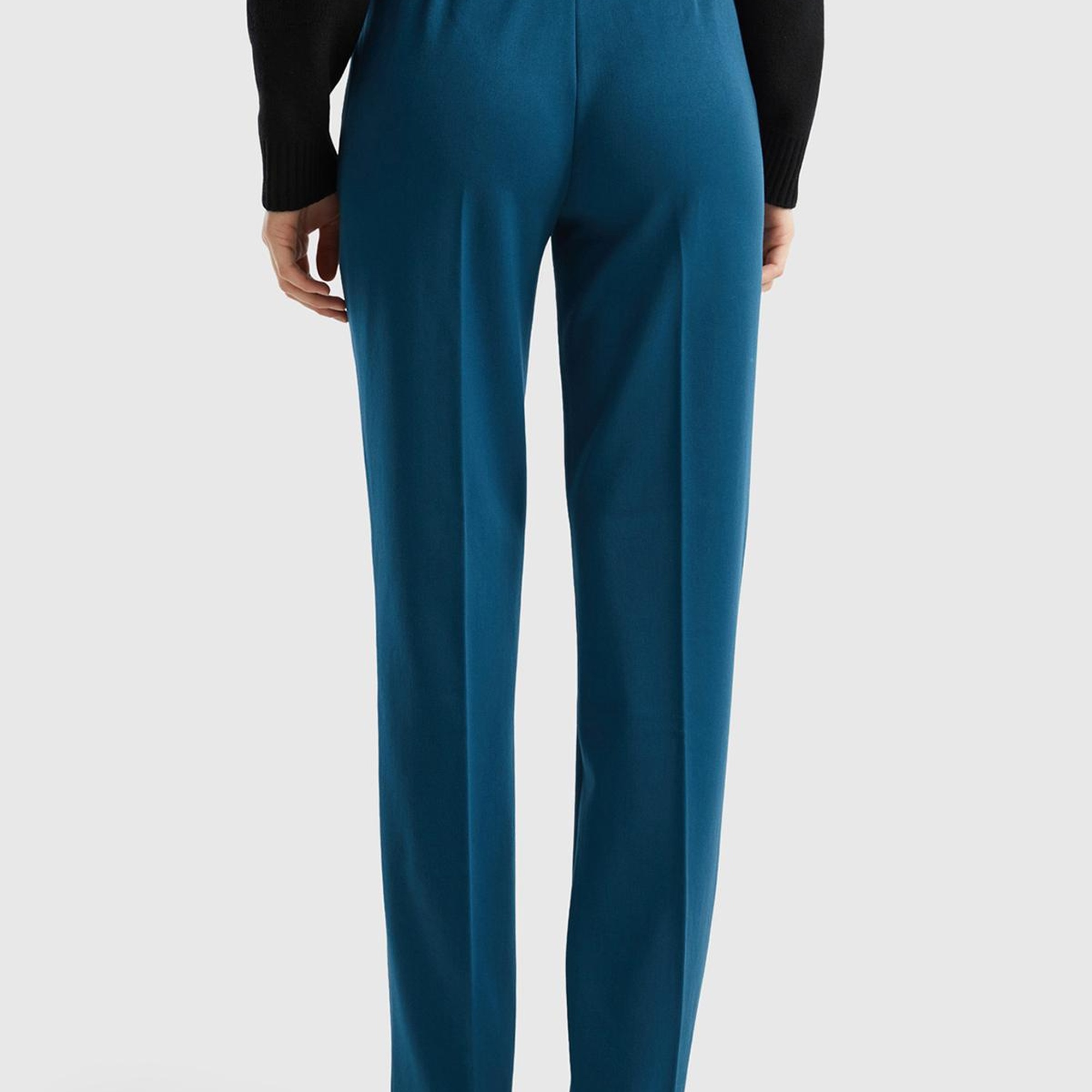 Kadın Petrol Mavisi Viskoz Karışımlı Beli Kalın Bantlı Cepli Pantolon