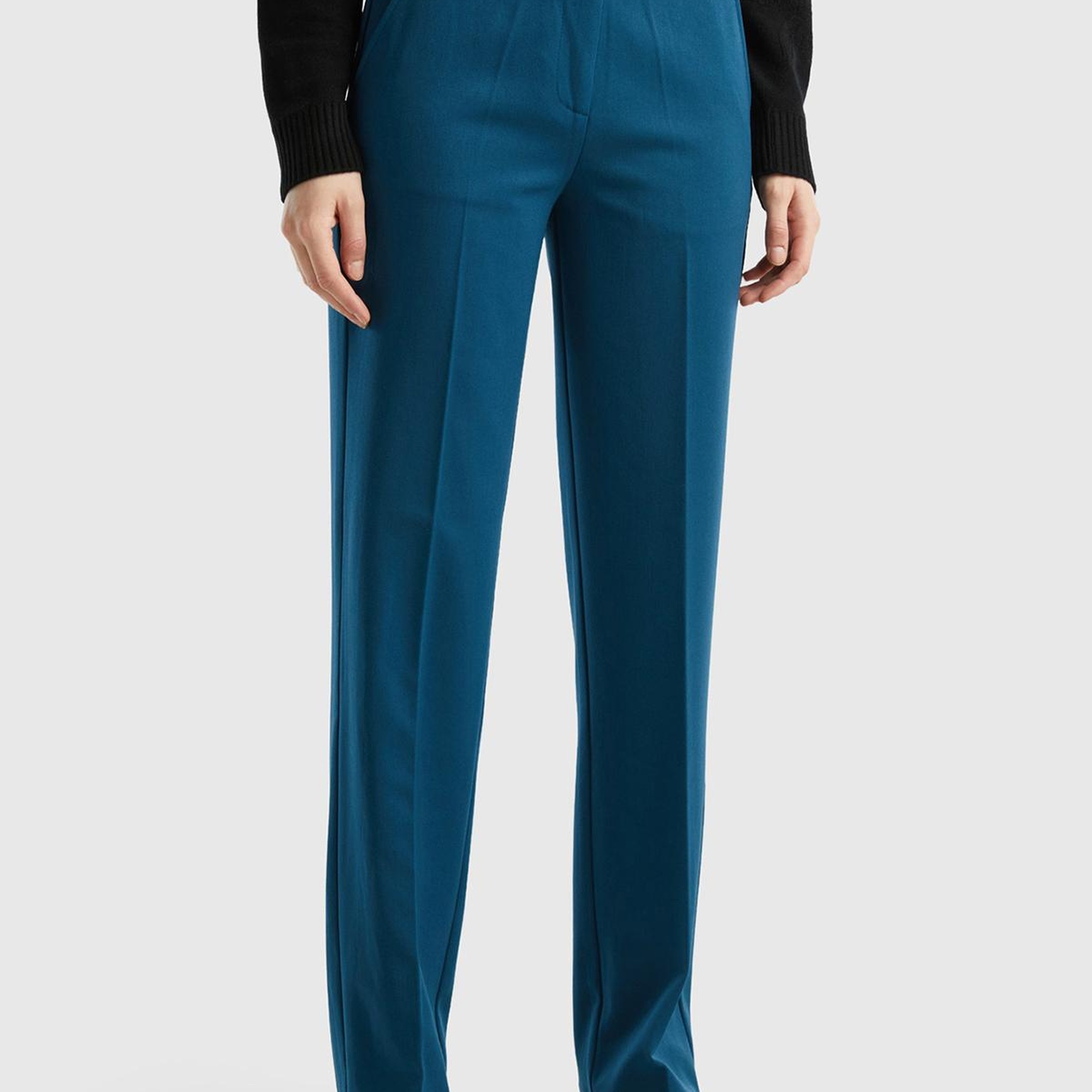 Kadın Petrol Mavisi Viskoz Karışımlı Beli Kalın Bantlı Cepli Pantolon