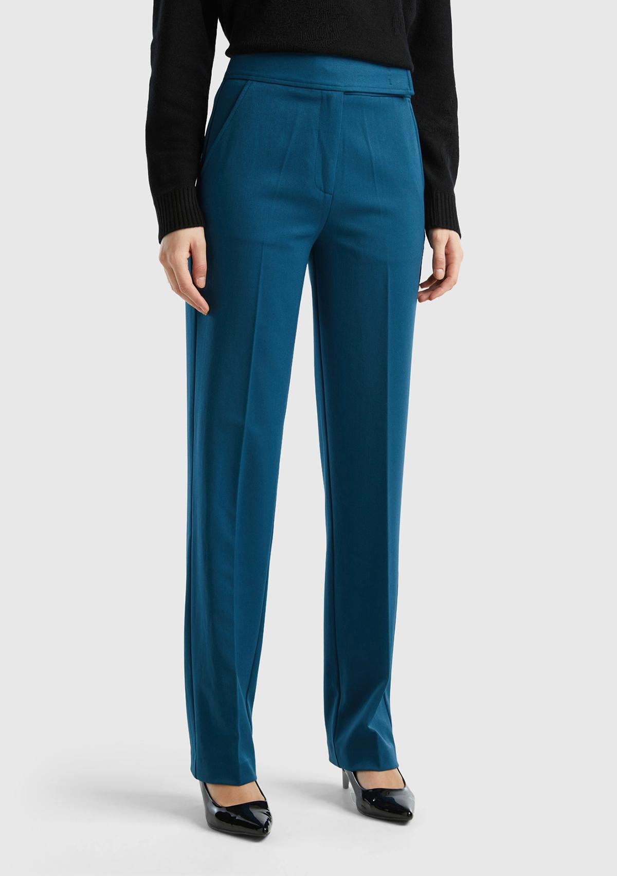  Kadın Petrol Mavisi Viskoz Karışımlı Beli Kalın Bantlı Cepli Pantolon