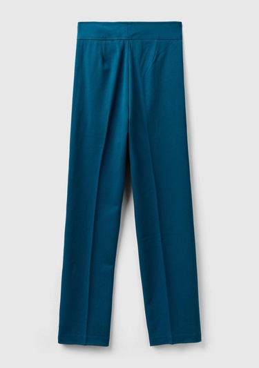  Kadın Petrol Mavisi Viskoz Karışımlı Beli Kalın Bantlı Cepli Pantolon