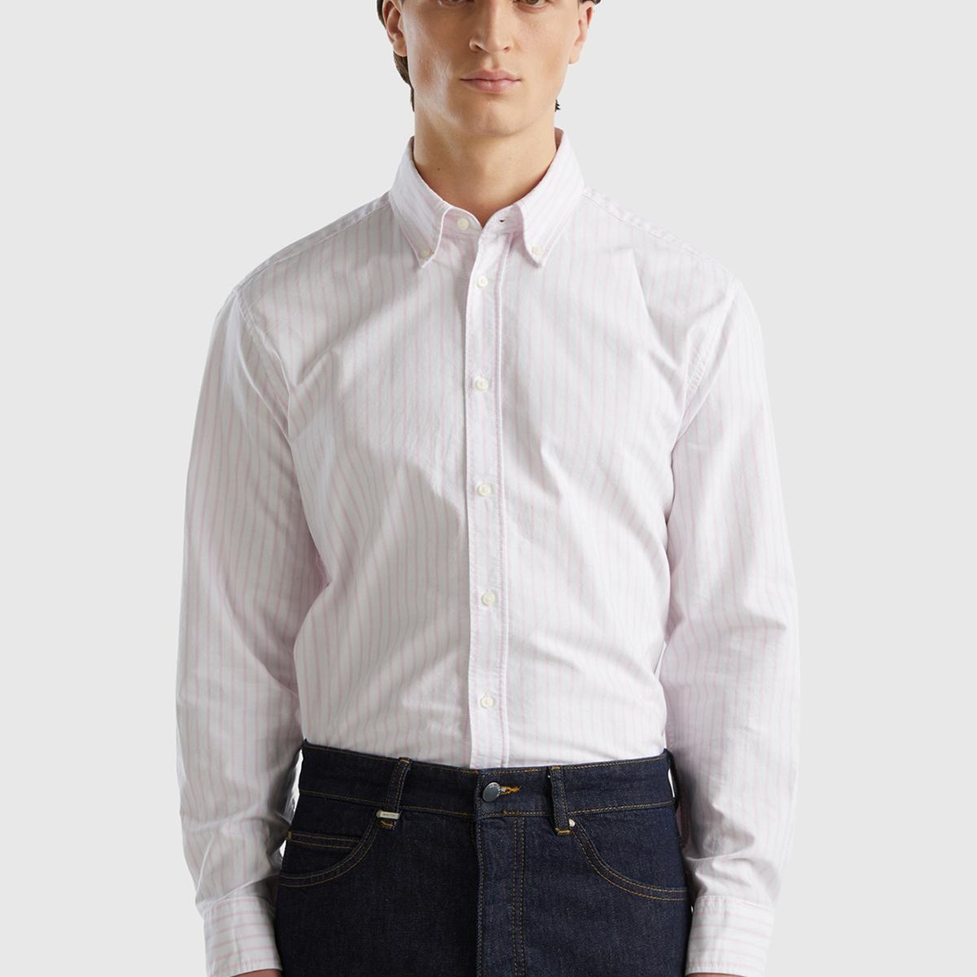 Erkek Pembe-Beyaz %100 Pamuk Çizgili Arkası Robalı Regular Fit Gömlek