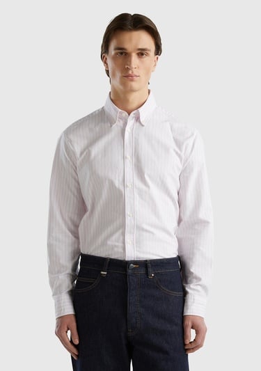  Erkek Pembe-Beyaz %100 Pamuk Çizgili Arkası Robalı Regular Fit Gömlek