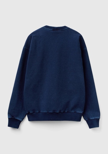  Erkek İndigo Koton Karışımlı Indigo Efekt Slogan Baskılı Sweatshirt