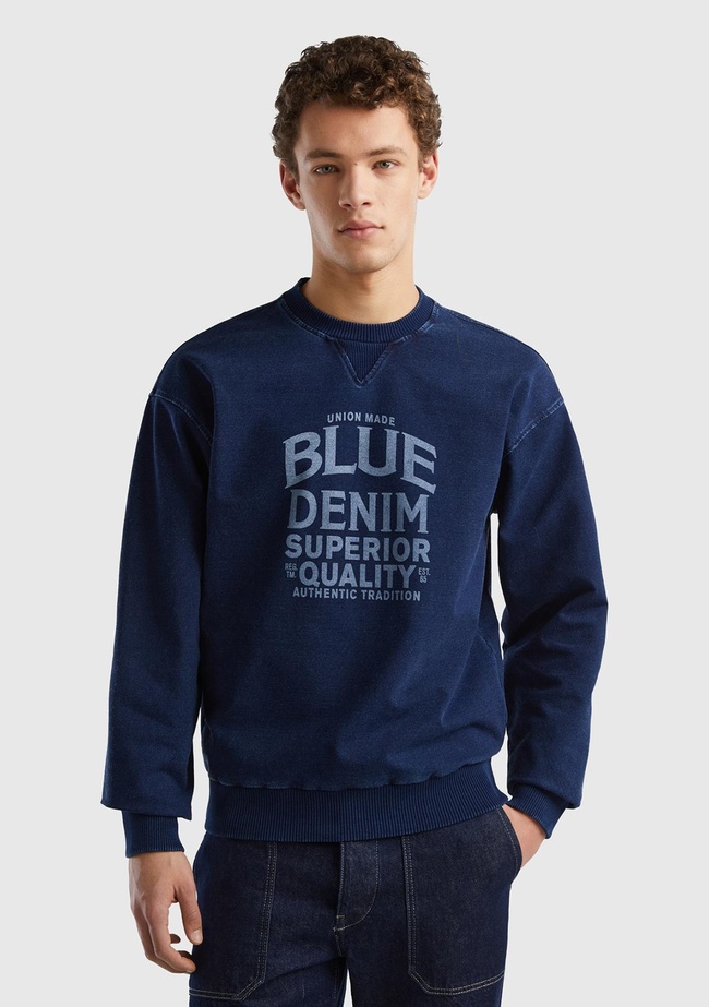  Erkek İndigo Koton Karışımlı Indigo Efekt Slogan Baskılı Sweatshirt