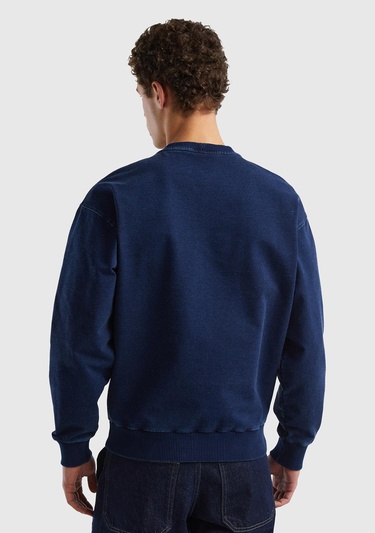  Erkek İndigo Koton Karışımlı Indigo Efekt Slogan Baskılı Sweatshirt