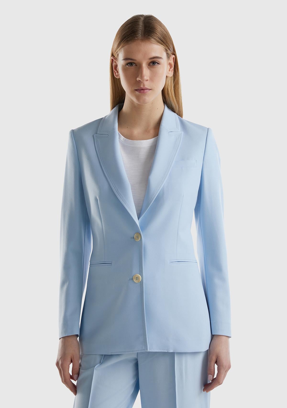  Kadın Açık Mavi Maskulen Kesim Önü Düğmeli Yalancı Kruvaze Ceket