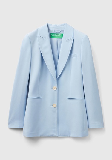  Kadın Açık Mavi Maskulen Kesim Önü Düğmeli Yalancı Kruvaze Ceket
