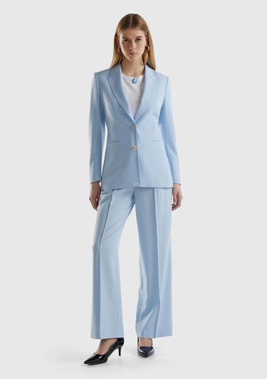  Kadın Açık Mavi Maskulen Kesim Önü Düğmeli Yalancı Kruvaze Ceket