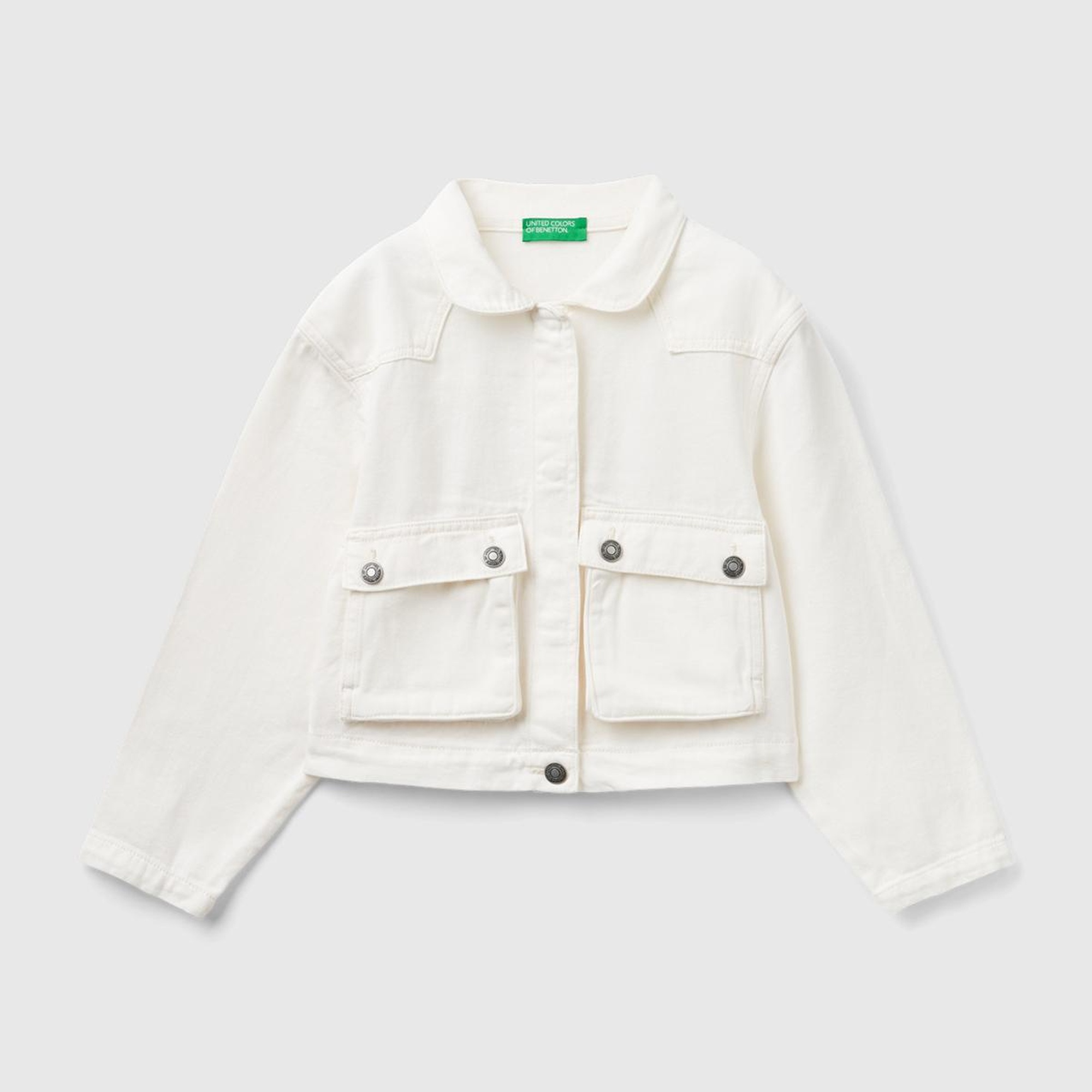 Kız Çocuk Krem Önü Yama Cepli Düğmeli Crop Ceket
