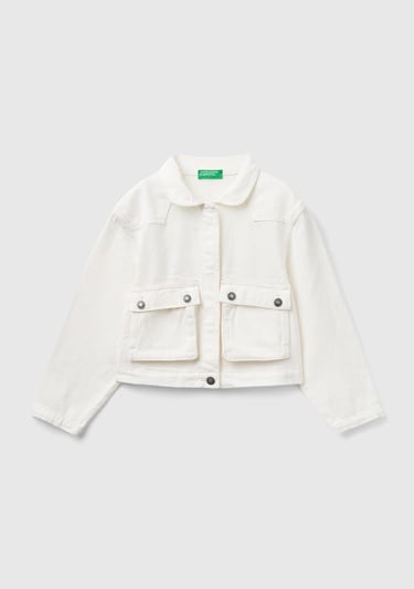  Kız Çocuk Krem Önü Yama Cepli Düğmeli Crop Ceket