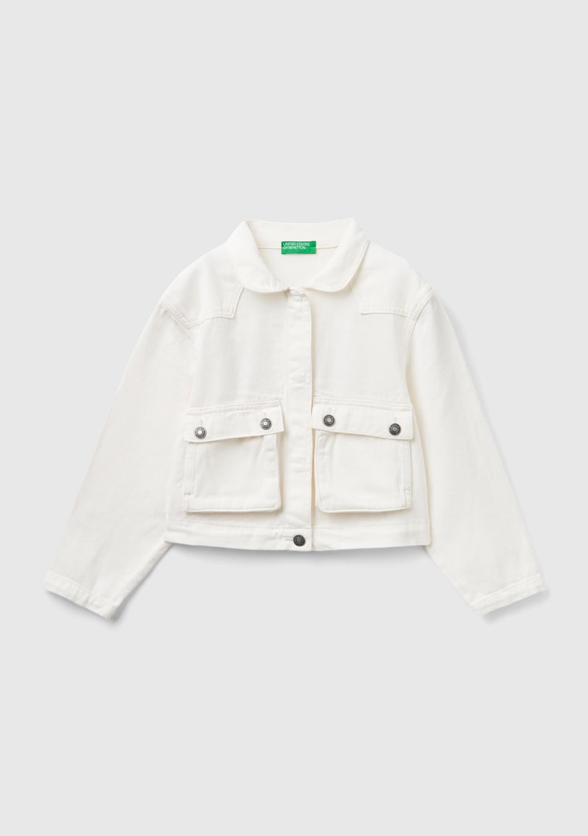  Kız Çocuk Krem Önü Yama Cepli Düğmeli Crop Ceket