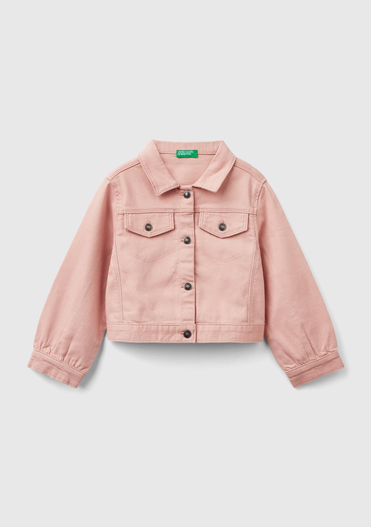  Kız Çocuk Pastel Pembe Önü Yama Cepli Düğmeli Denim Ceket