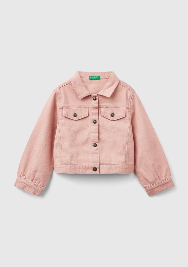  Kız Çocuk Pastel Pembe Önü Yama Cepli Düğmeli Denim Ceket
