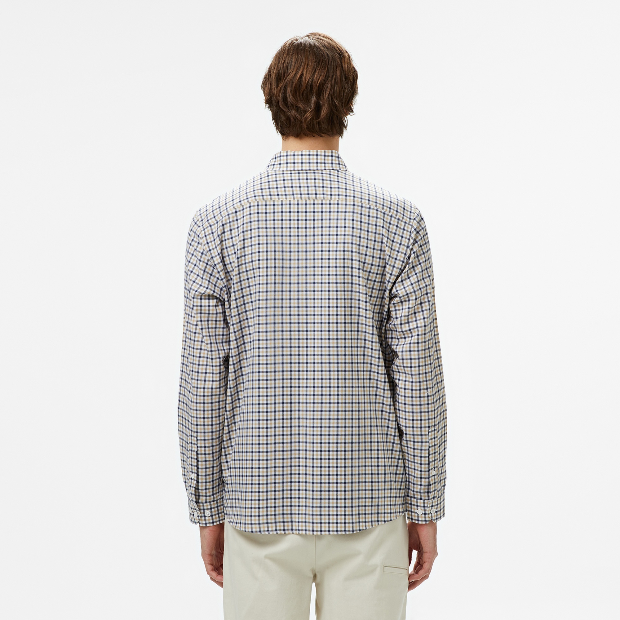 Erkek Regular Fit Düğmeli Yaka Kareli Kahverengi Gömlek