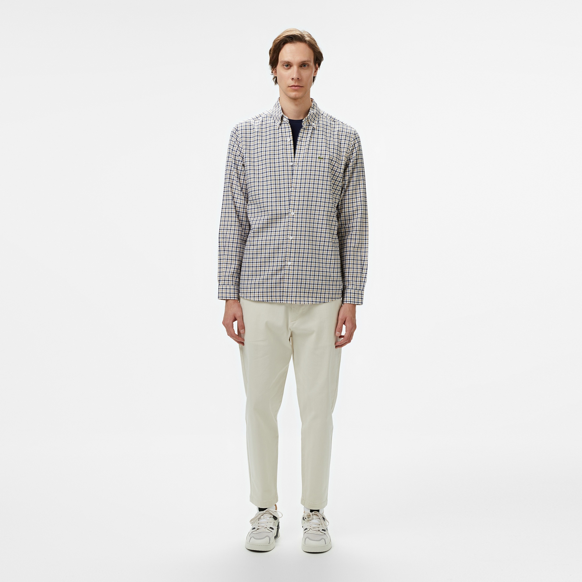 Erkek Regular Fit Düğmeli Yaka Kareli Kahverengi Gömlek