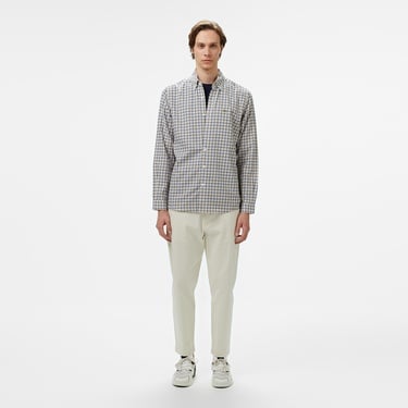  Erkek Regular Fit Düğmeli Yaka Kareli Kahverengi Gömlek