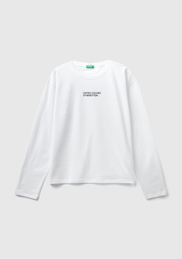  Kadın Beyaz %100 Pamuk Önü Logo Baskılı Bisiklet Yaka Uzun Kollu T-Shirt