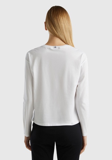  Kadın Beyaz %100 Pamuk Önü Logo Baskılı Bisiklet Yaka Uzun Kollu T-Shirt