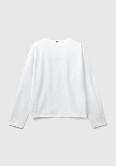  Kadın Beyaz %100 Pamuk Önü Logo Baskılı Bisiklet Yaka Uzun Kollu T-Shirt