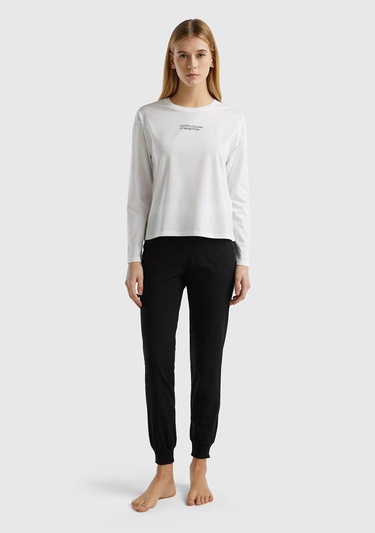  Kadın Beyaz %100 Pamuk Önü Logo Baskılı Bisiklet Yaka Uzun Kollu T-Shirt