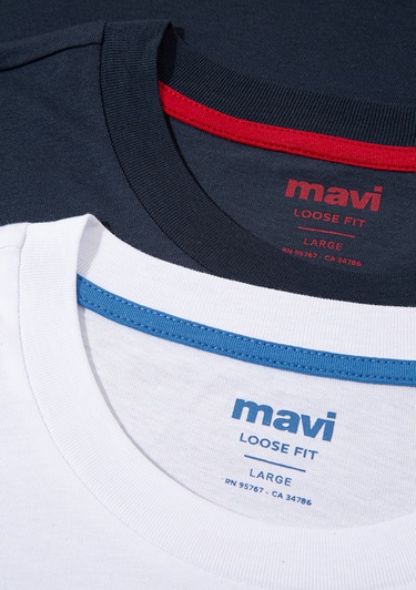  Mavi 2li Mavi Mühür Logo Nakışlı Erkek Tişört Loose Fit / Bol Rahat Kesim 0612545-620